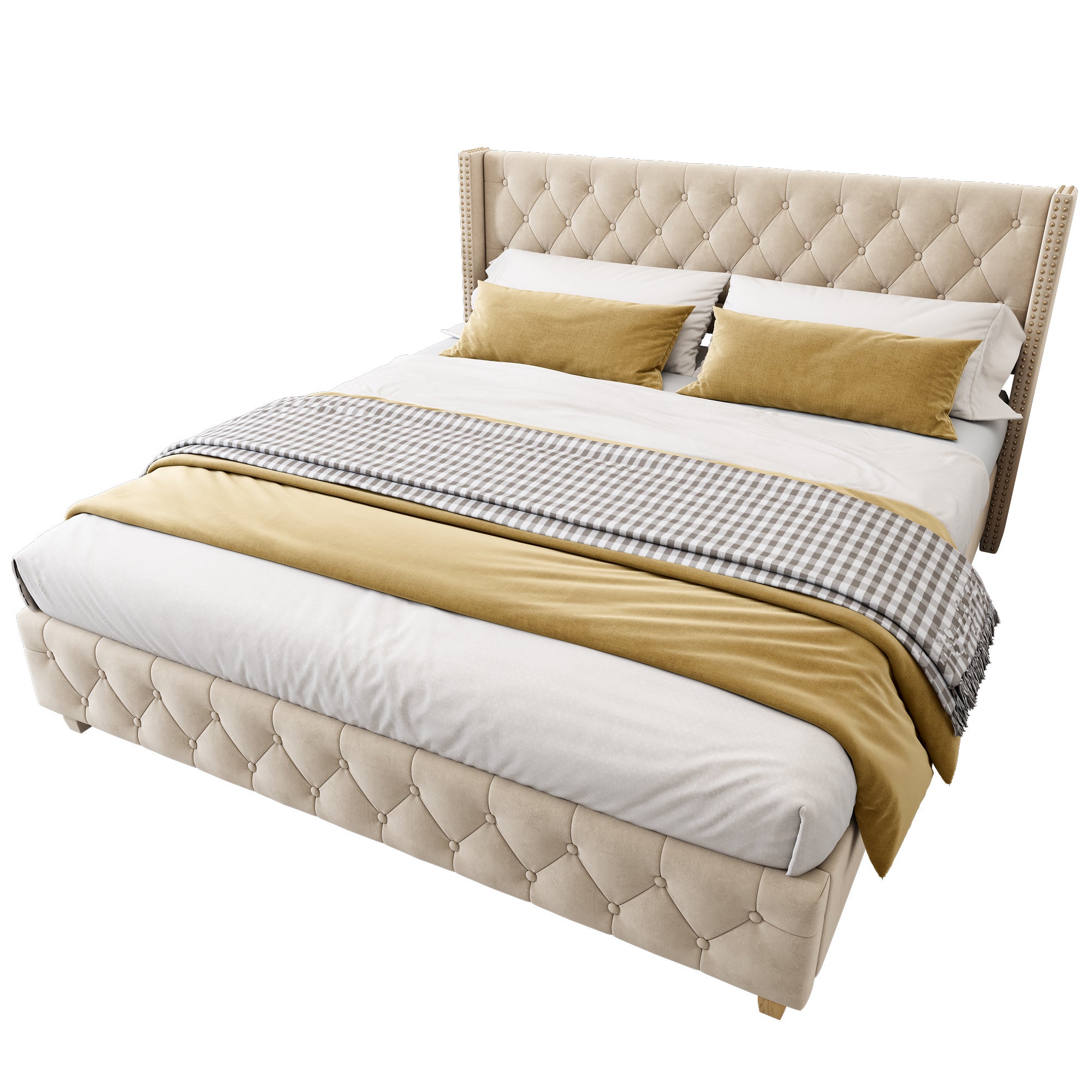 Cama para adultos 160 x 200 cm con cabecero - terciopelo - decoración con botones y remaches - beige claro - 4