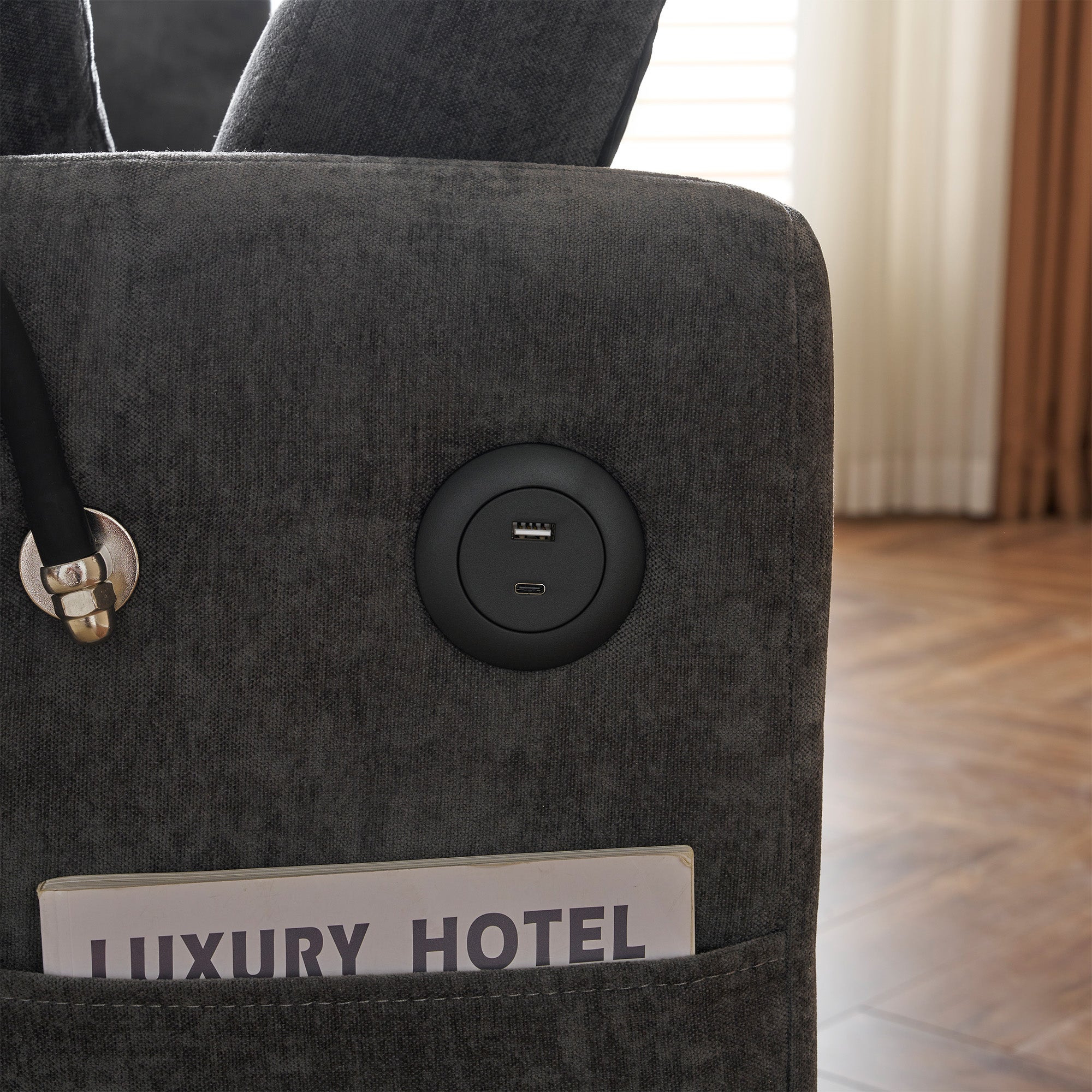 Canapé convertible 2 places avec dossier réglable - Support et prise USB - Tissu chenille - Fonction sommeil - Gris - 6
