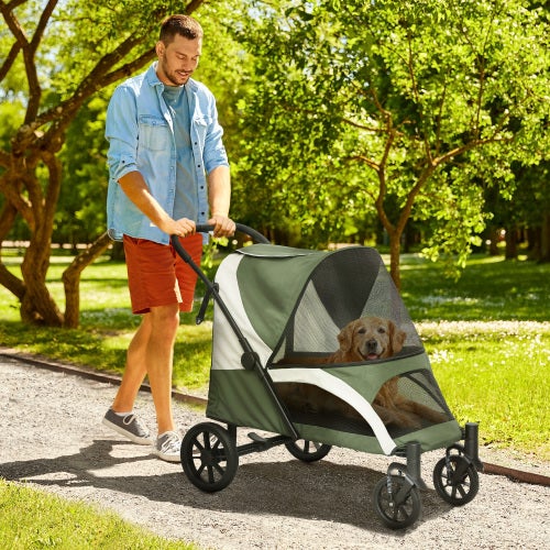 Carrinho para cães grandes e gatos até 30 kg, dobrável com almofada, janelas de rede, travões e bolsa de arrumação, verde escuro