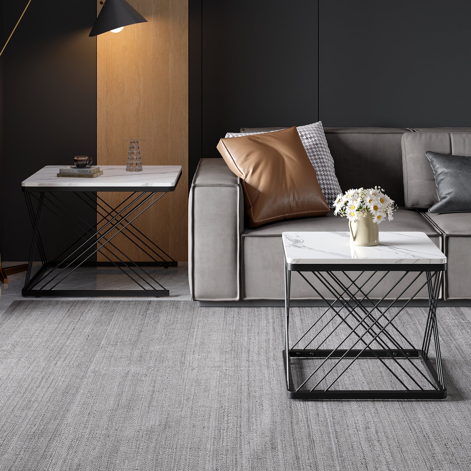 Zestaw 2 kwadratowych stolików kawowych - 60x60x45 + 45x45x40 cm - Efekt marmuru - Drewno MDF i metal - Biały + czarny - 3