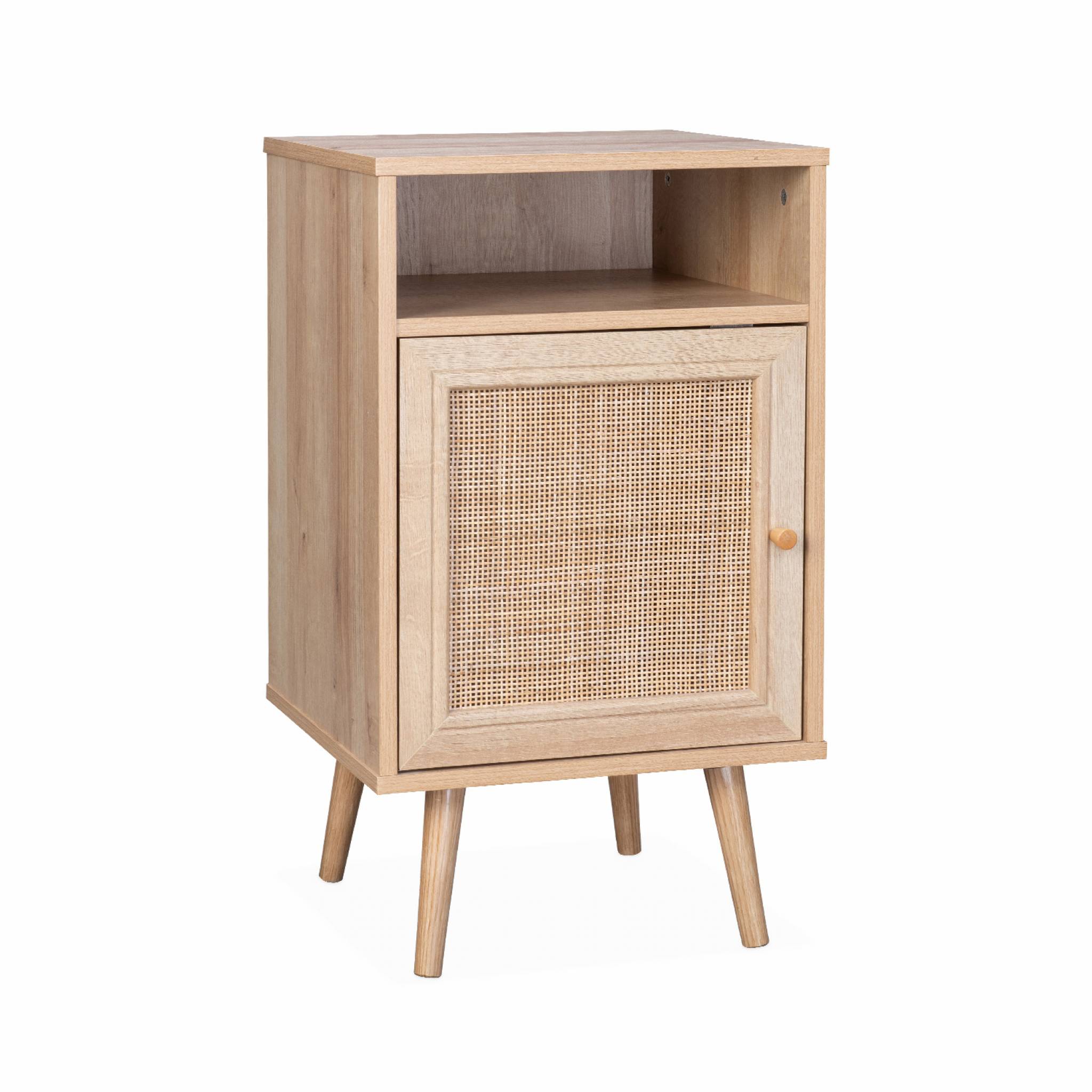 Lot de 2 tables de chevet en cannage - Bohème - 40x39x70cm Naturel - 2 niveaux - 1 portes - 1 espace de rangement - pieds scandinaves - 6