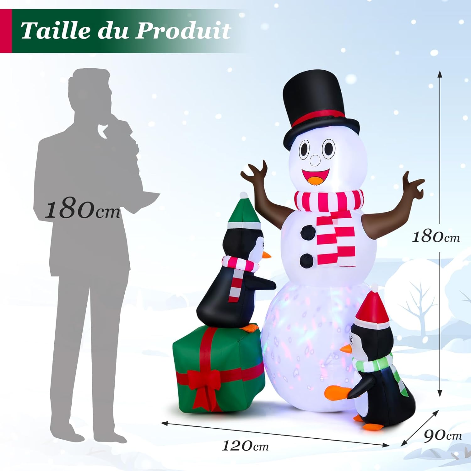 Pupazzo di neve gonfiabile natalizio con tre pinguini/luci a LED, perfetto per l'uso in cortili e prati. | Leroy Merlin