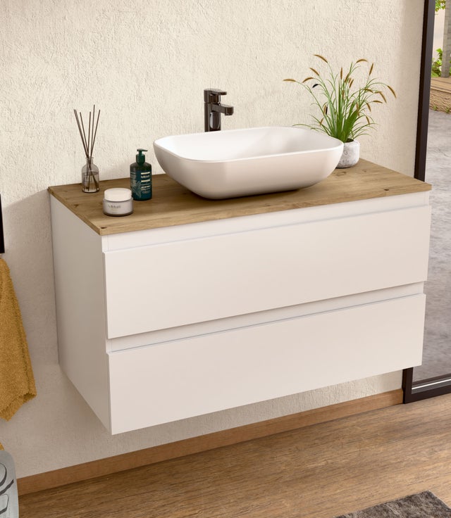 BELLOBATH - Mobile Bagno Sottolavabo con Lavabo in Ceramica, Mobile Sospeso 2 Cassetti, 80 x 55 x 46 cm, Mobile Bianco e Top Rovere