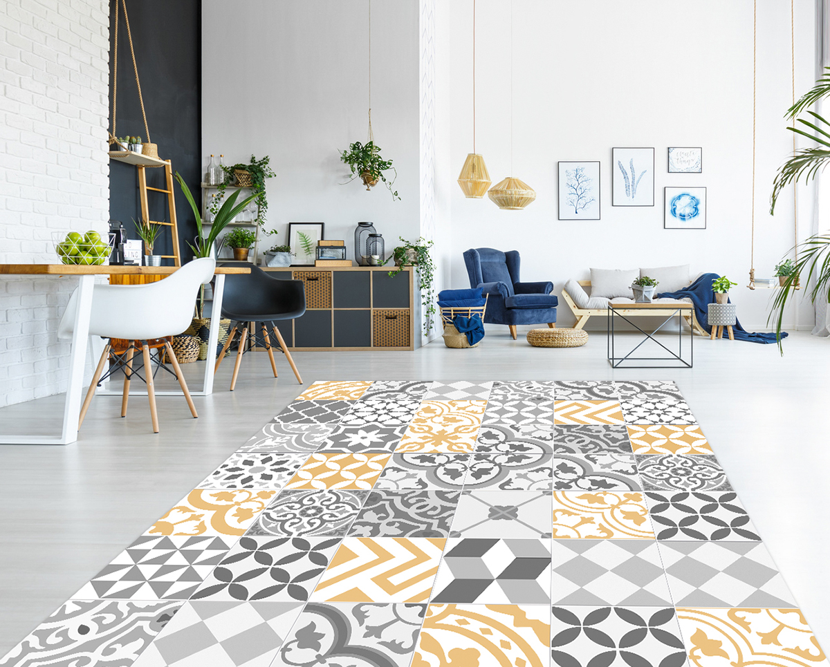 Alfombra de vinilo collage con amarillo 133x200 cm - pvc antideslizante, vinilica para cocina o salón, lavable, estilo hidraúlico