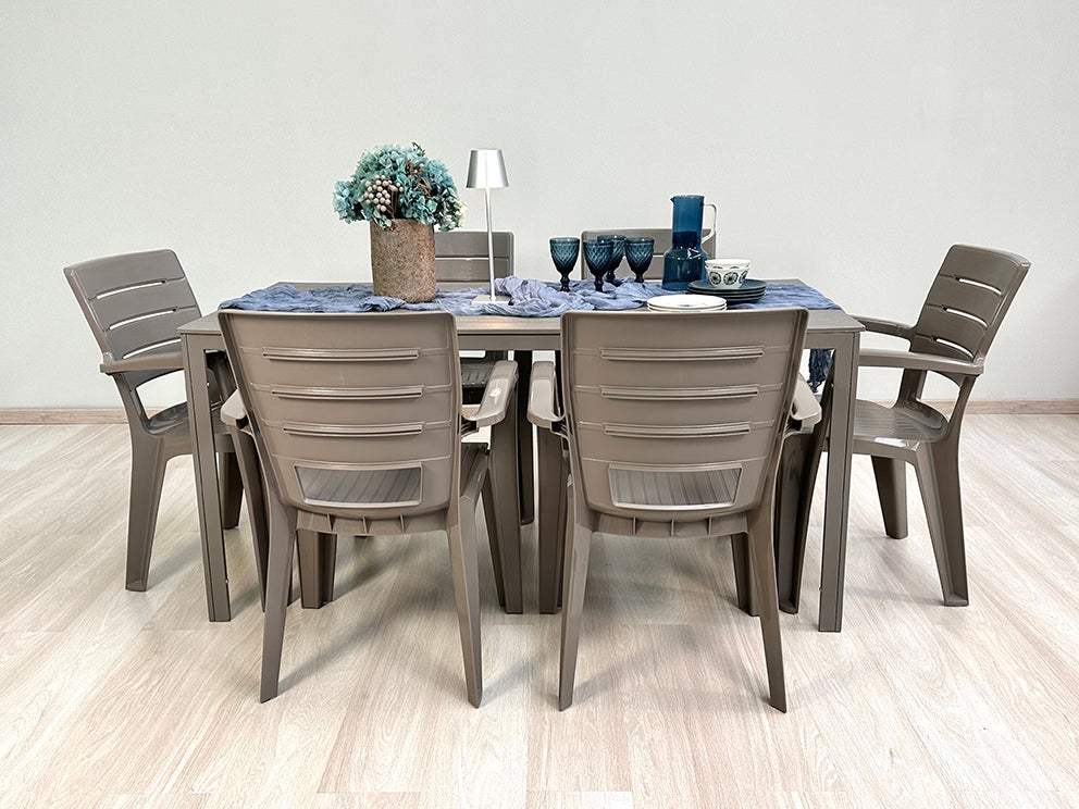 Set da giardino Tavolo Thomas in acciaio e polietilene + 6 sedie Anita in polipropilene tortora - 2