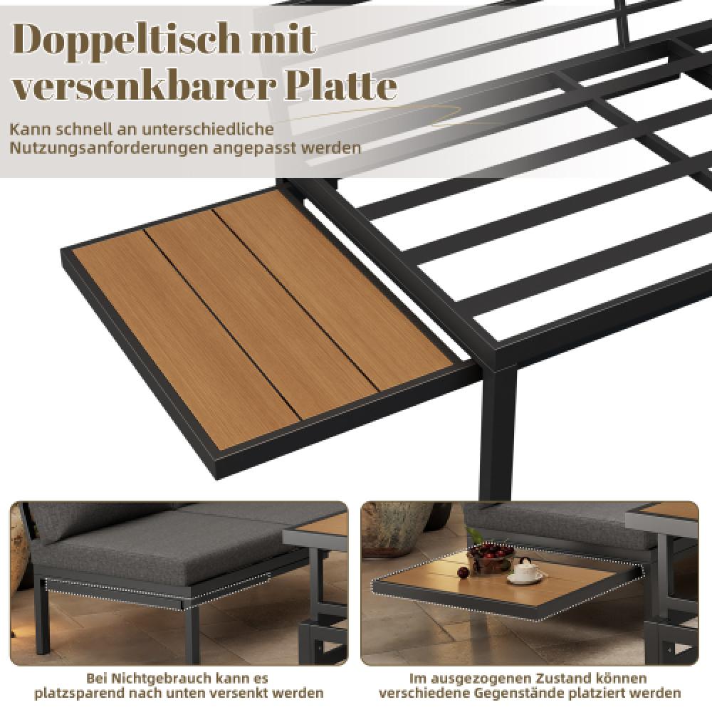 Ensemble de meubles de jardin (2 canapés doubles + 1 repose-pieds), table avec plateau en plastique, structure en fer galvanisé, coussins inclus - 7