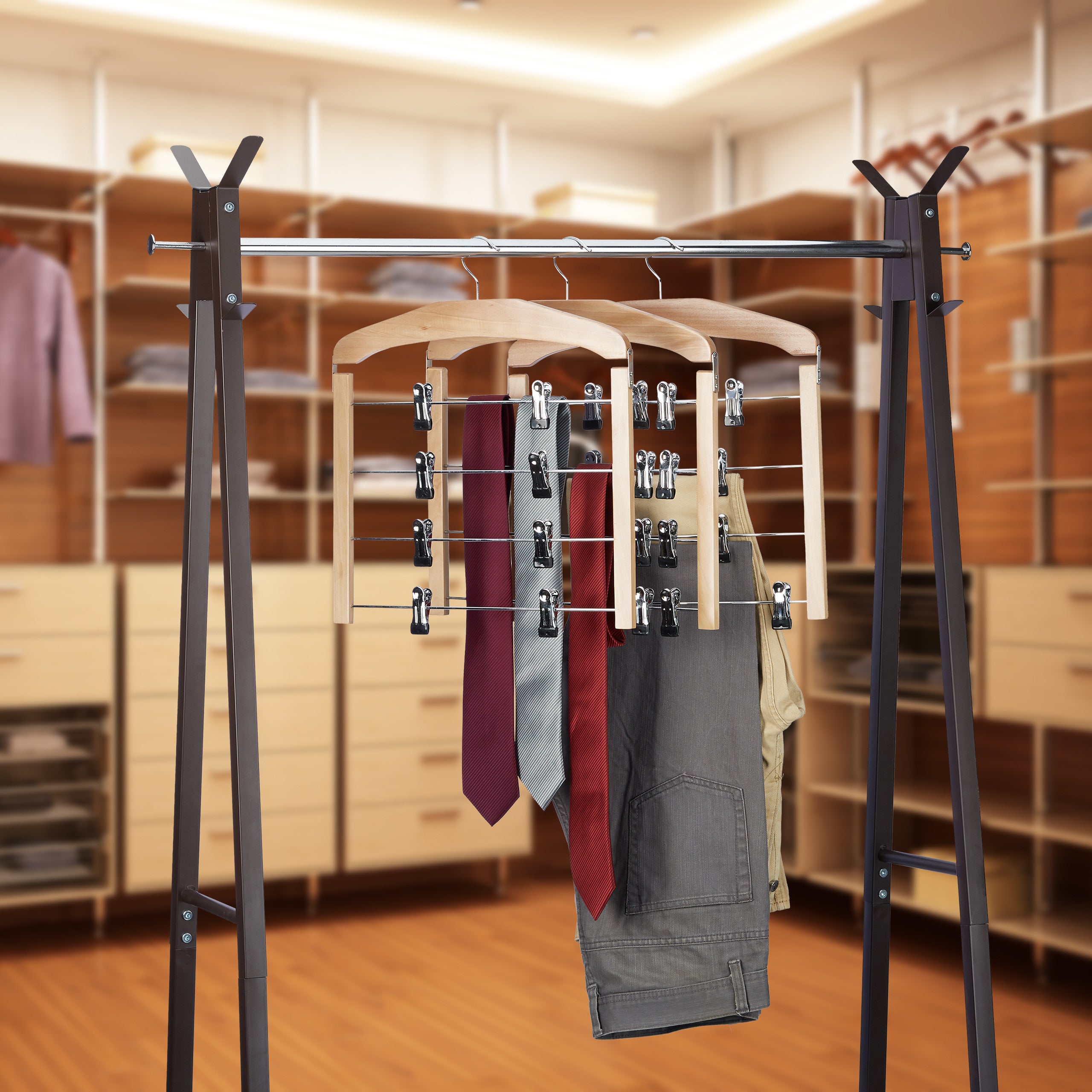 Cintre multiple bois crochet 360° pantalons lot de 3 antidérapant HxlxP: 45,5 x 39 x 2,5 cm, argenté nature, Relaxdays - 3