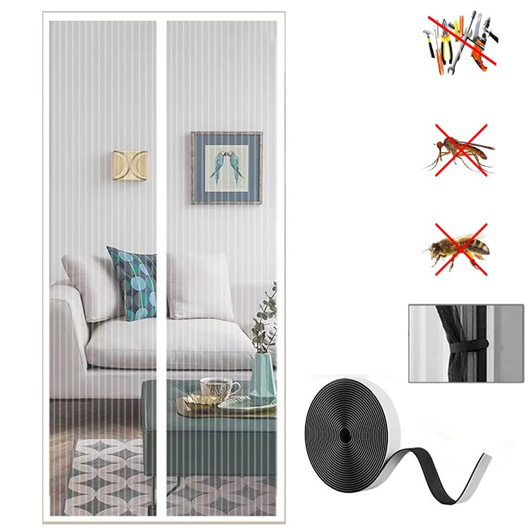 Magnetyczna moskitiera do drzwi, kurtyna drzwiowa przeciw owadom z magnesami i samoprzylepną taśmą, bez użycia rąk, biała, 90 x 210 cm