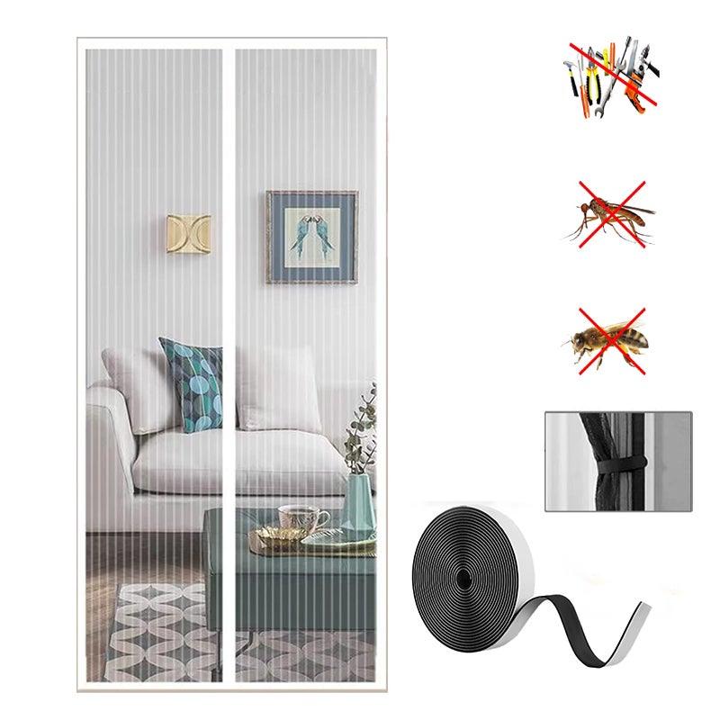 Magnetyczna moskitiera do drzwi, kurtyna drzwiowa przeciw owadom z magnesami i samoprzylepną taśmą, bez użycia rąk, biała, 90 x 210 cm