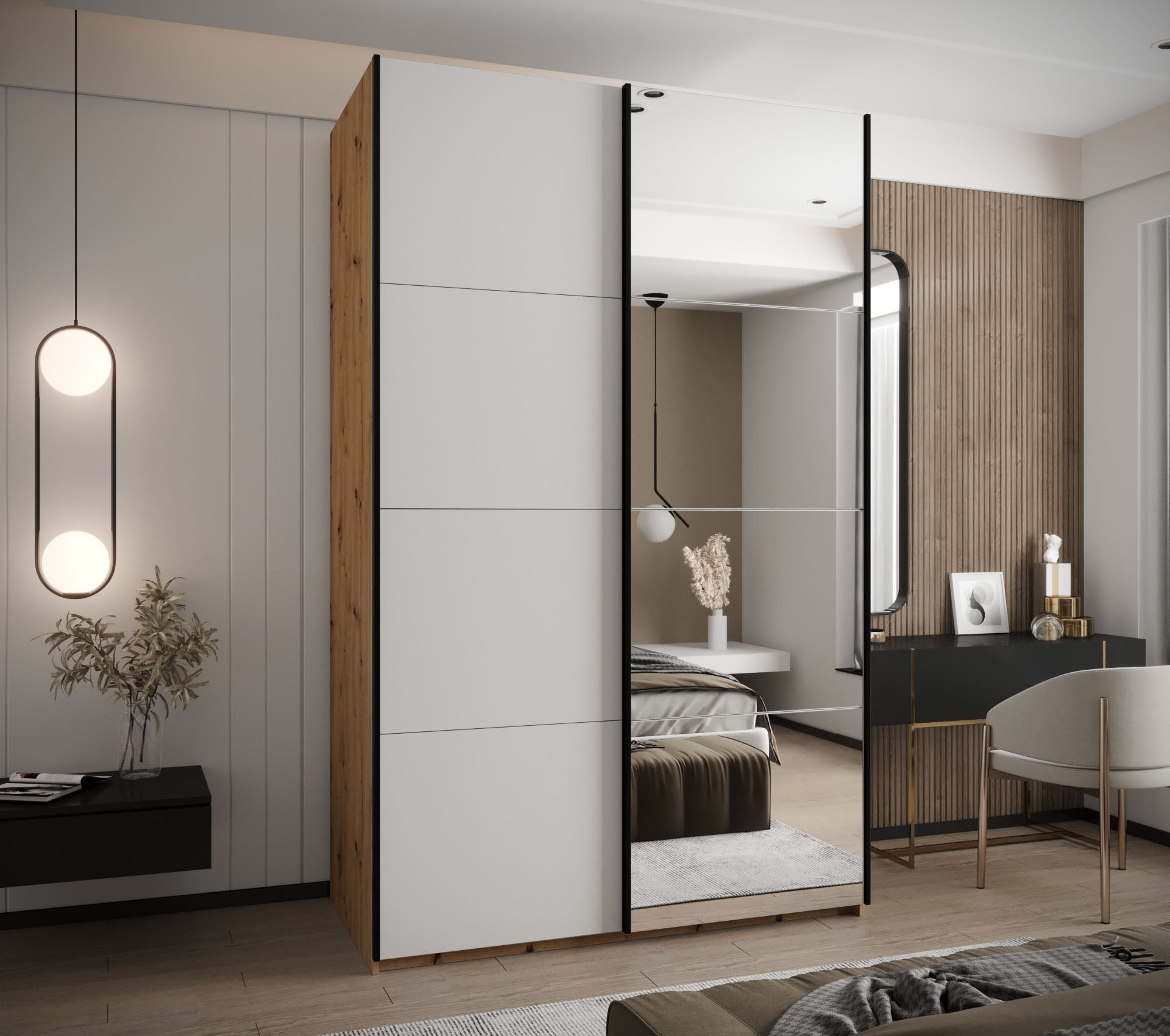 Szafa przesuwna wysoka Lux 3 160 x 64 x 245,5 cm artisan + biały + u. czarny - Abiks Meble - 2