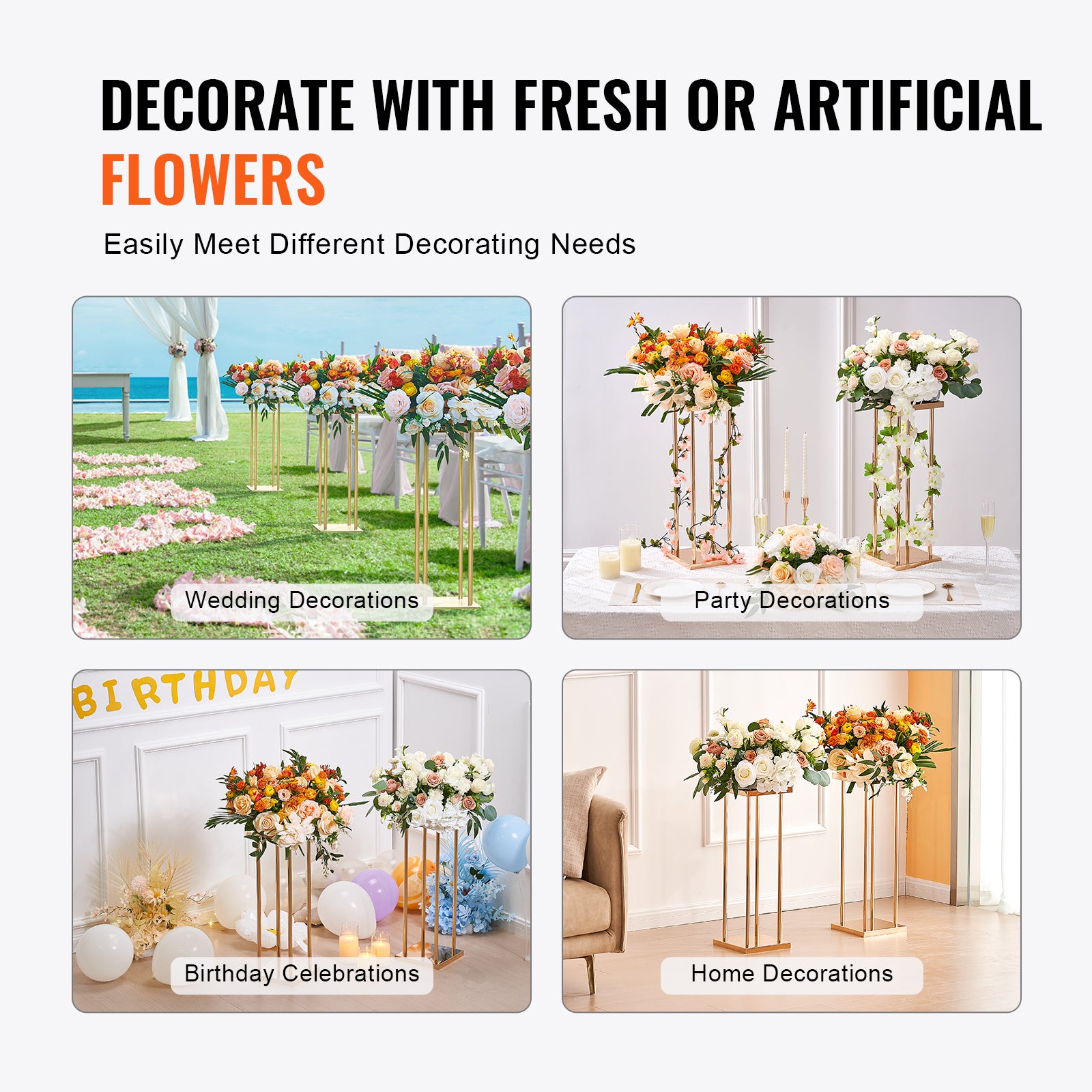 Lot de 4 supports fleurs mariage SucceBuy en métal doré, hauteur 80 cm avec stratifié, présentoir cylindrique pour fête et réception - 8