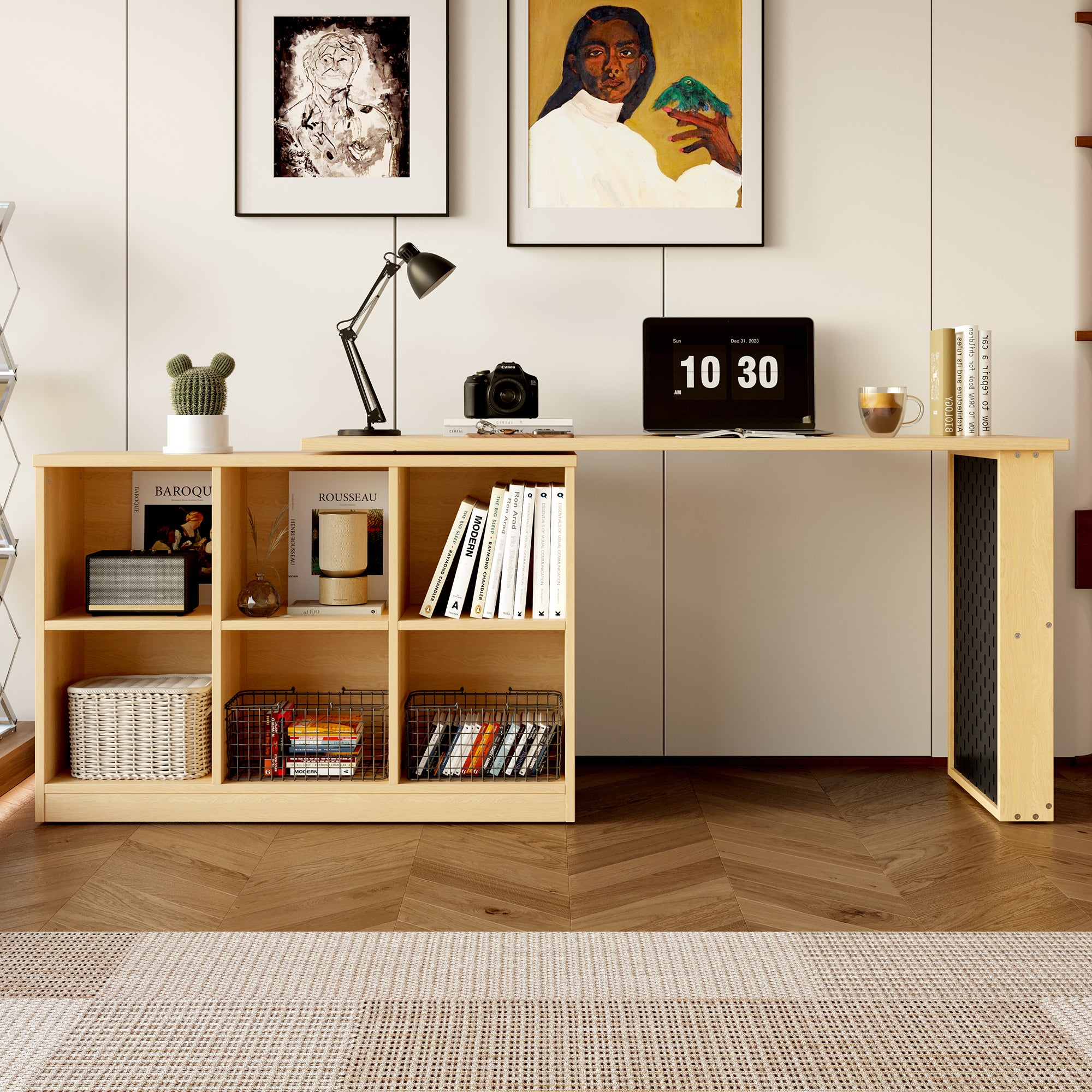Bureau d'angle multifonctionnelle avec 6 compartiments + étagère - 140 x 104 x 75 cm - Bois MDF - Naturel - 3