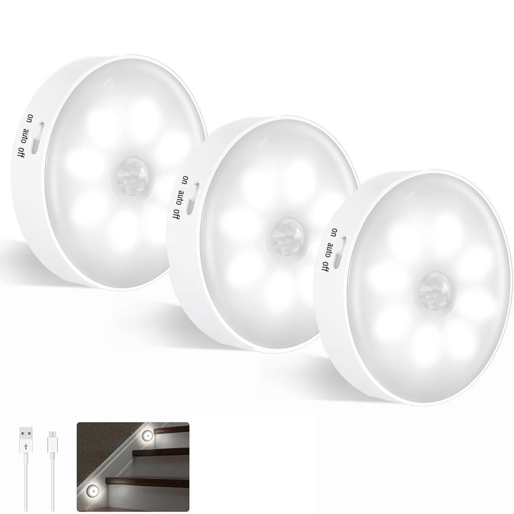 Lampka nocna ładowana przez USB, bezprzewodowy wewnętrzny czujnik ruchu, chłodna biel, samoprzylepna, do schodów, kuchni, przedpokoju, zestaw 3 sztuk