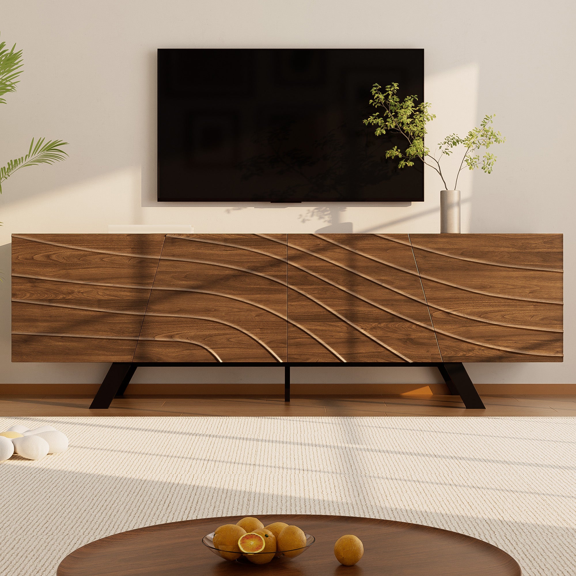 Nowoczesne meble pod TV 160x39x50,5 cm - 4 faliste fronty - Nogi żelazne - MDF - Brązowy