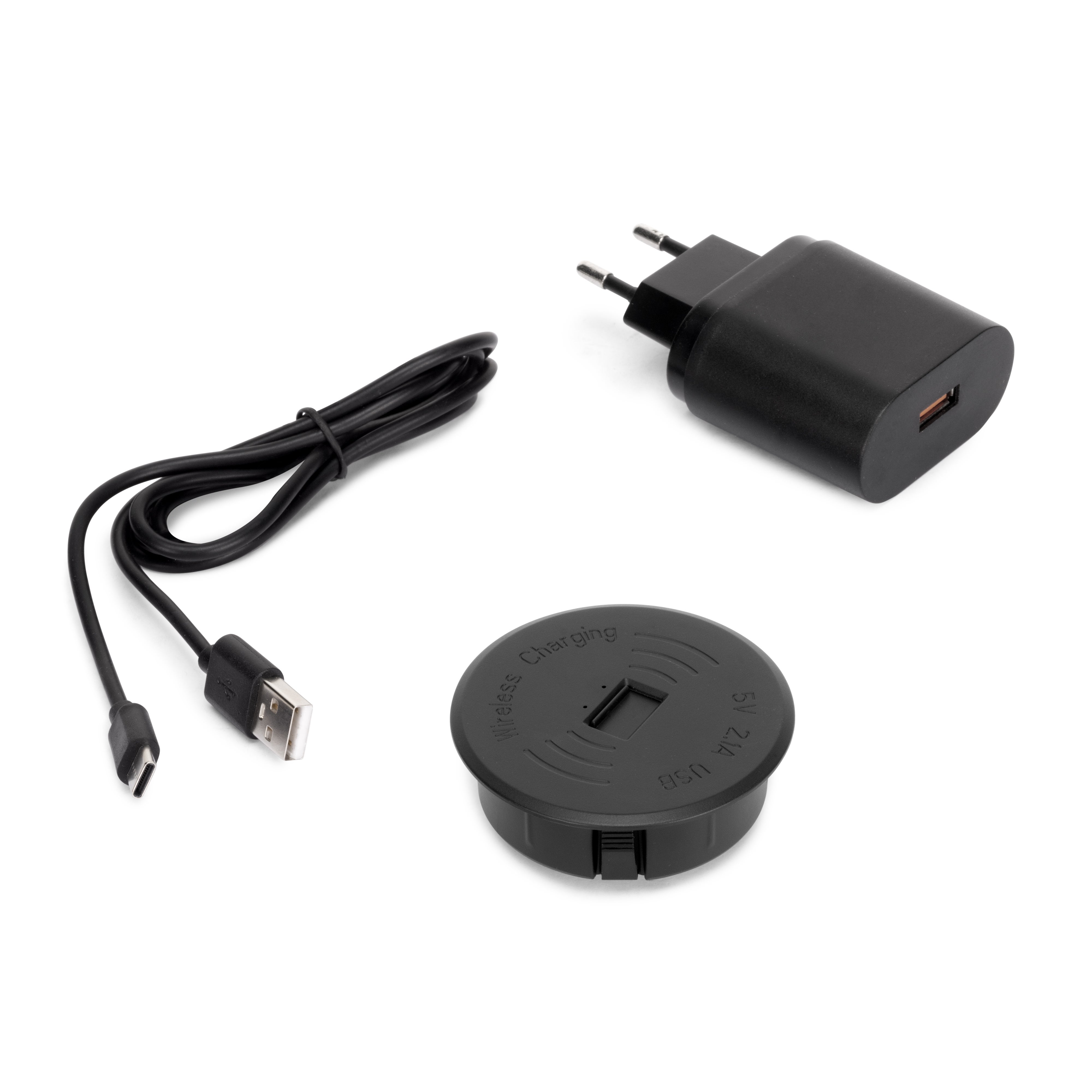 Emuca Bezprzewodowa ładowarka mobilna do integracji z powierzchnią biurka Airtop z USB-A, D.60 mm, 5V DC / 2.1A (USB-10W/Qi-10W), Plastik, Czarny