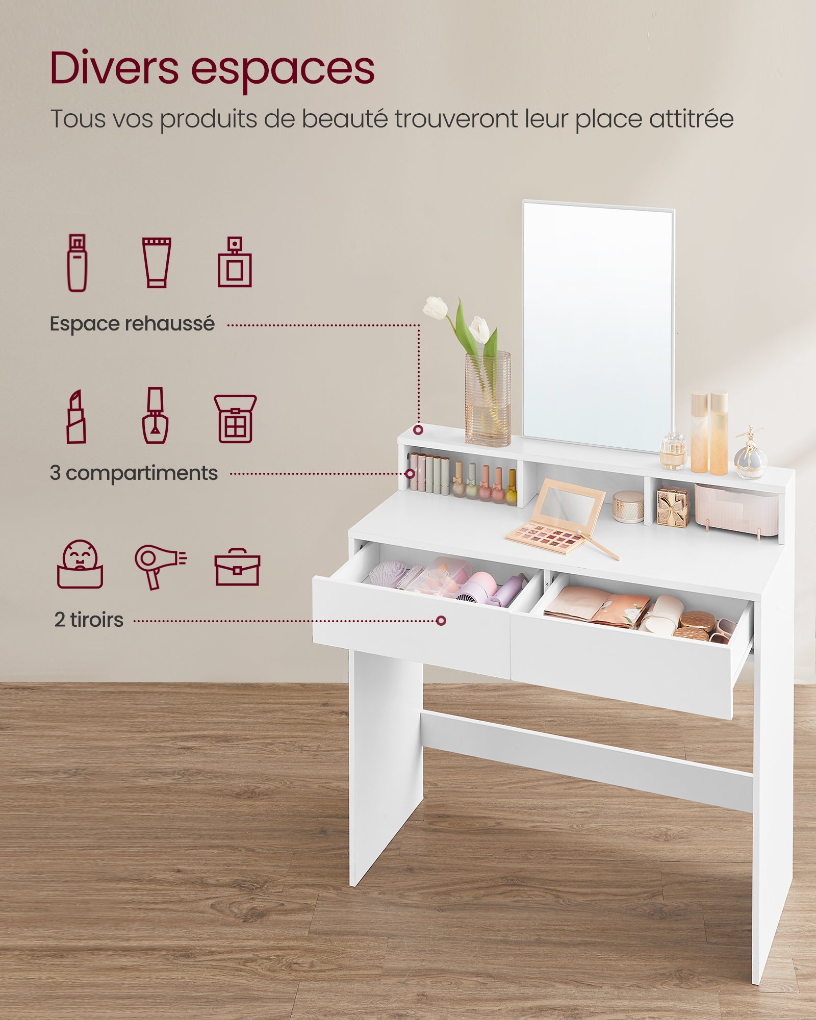 Coiffeuse Avec Miroir, 2 Tiroirs, 3 Compartiments De Rangement, 80 x 40 x 140 cm, SANS TABOURET, Style Moderne, Blanc - 4