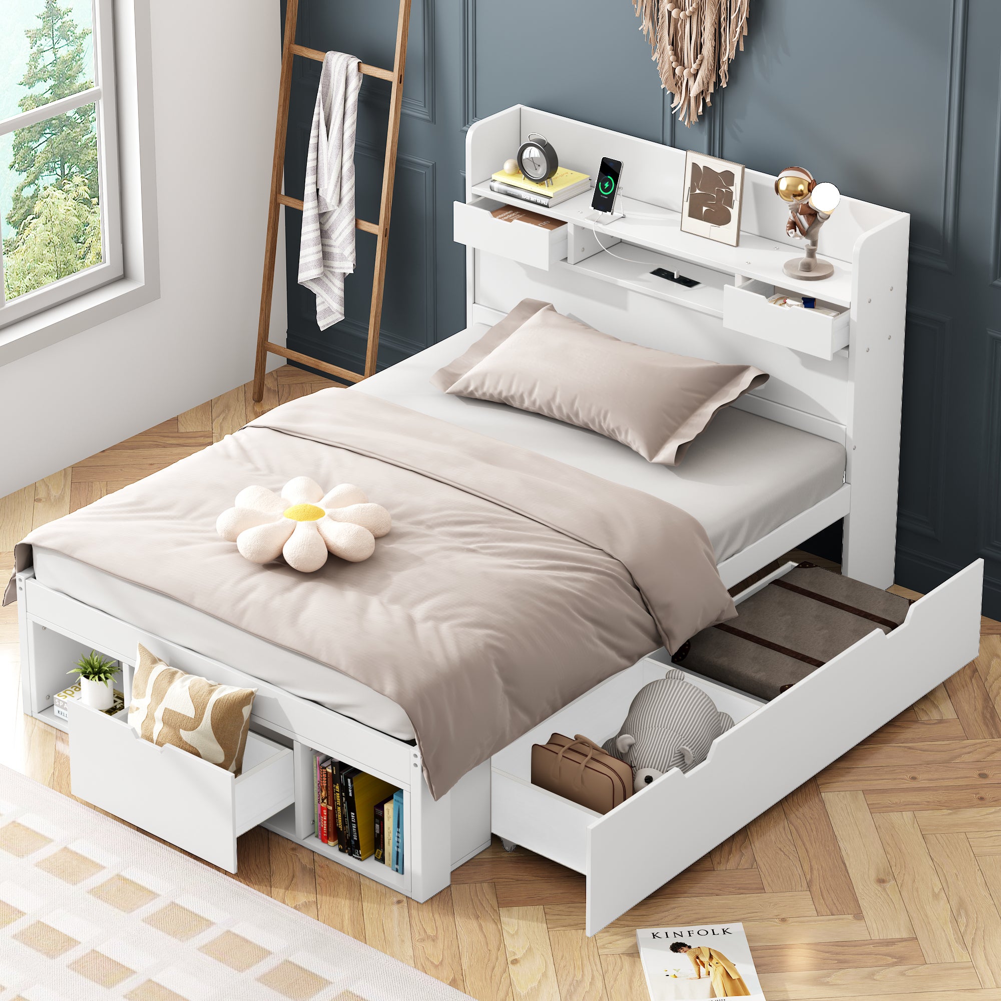 Wielofunkcyjne Łóżko Pojedyncze 90x190 cm z USB, Gniazdkami i Schowkami, Białe