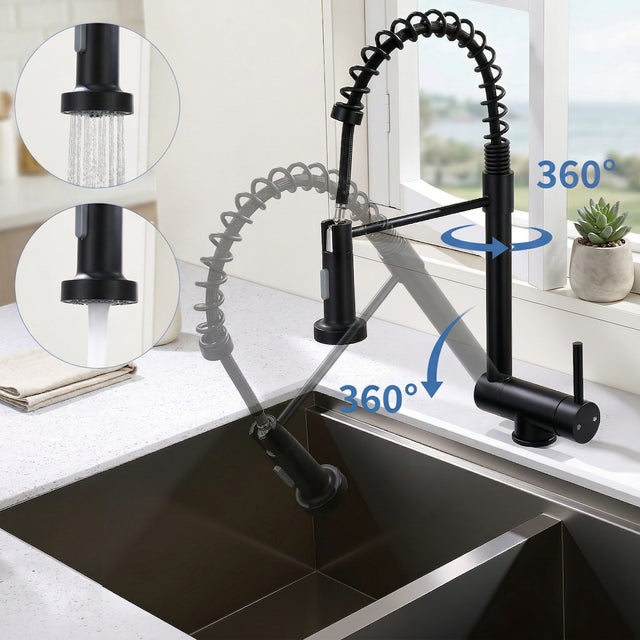 Mitigeur de Cuisine Noir pliable à ressort avec douchette 2 Jets, Robinet de Cuisine d'Evier Rabattable Rotatif à 360° en Inox 304