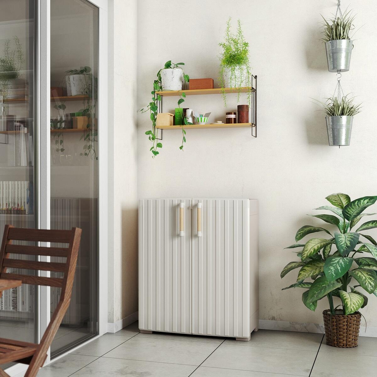 Armoire basse en polypropylène avec 2 portes et 1 étagère beige 98x80x45cm - 3