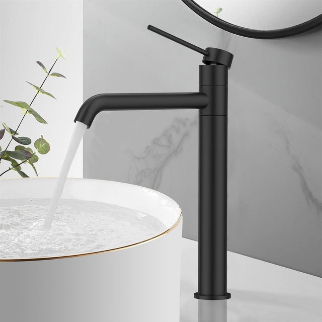 Mitigeur de Lavabo Noir Haut Bec en Inox SUS304 Robinet Salle de Bain Pivotant 360° Robinetterie Design Moderne pour Vasque