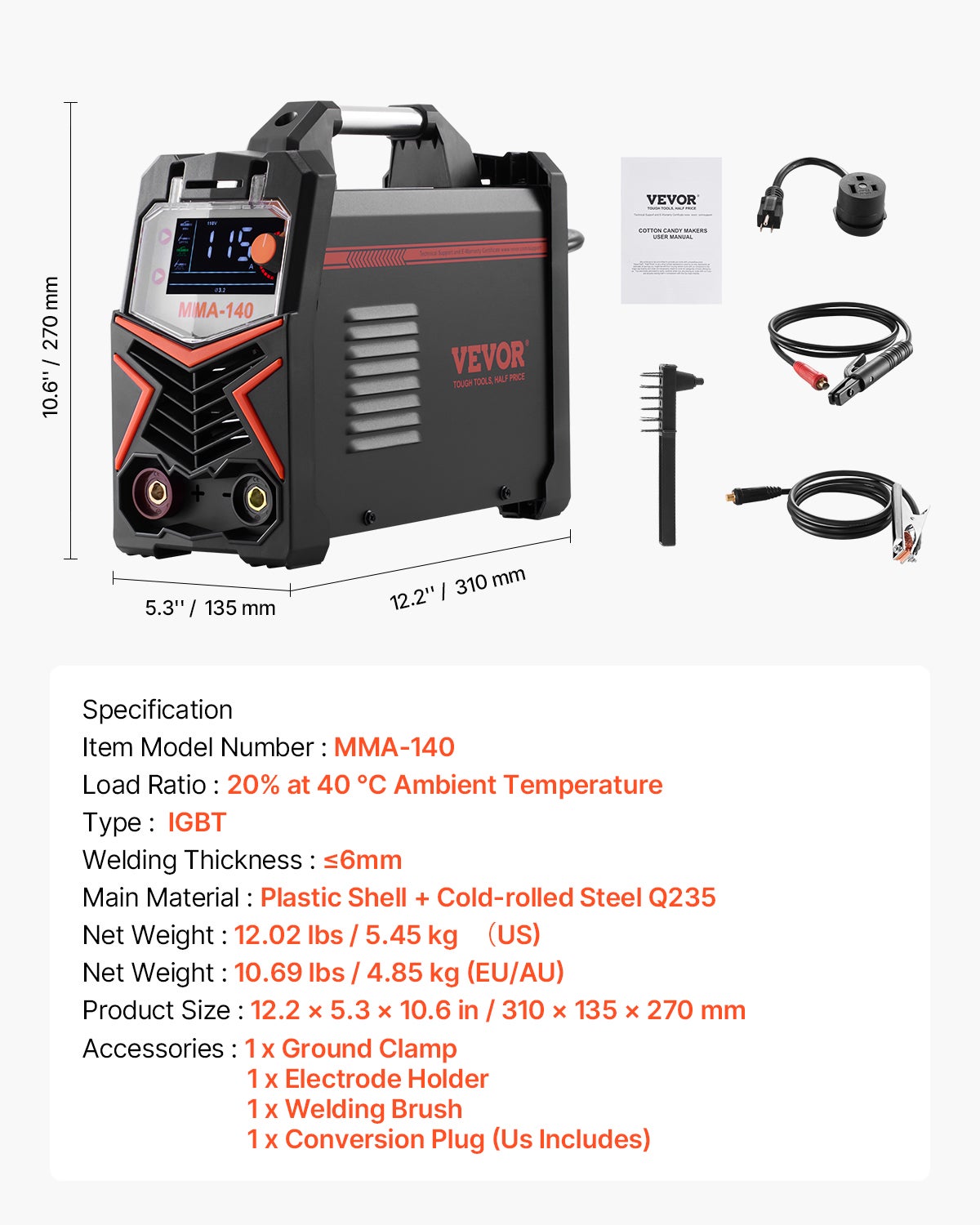 Posto di Saldatura TIG VEVOR 140 A,Macchina 4 in 1,Grande Schermo LED,DC Pulse TIG/MMA,Saldatore Elettrico con Avvio a Caldo,Inverter IGBT - 7