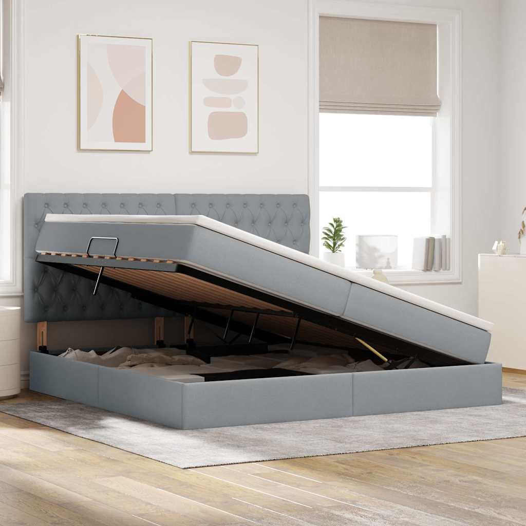 Lit avec rangement et matelas, en tissu gris clair, pour la chambre, 200 × 200 cm - 4