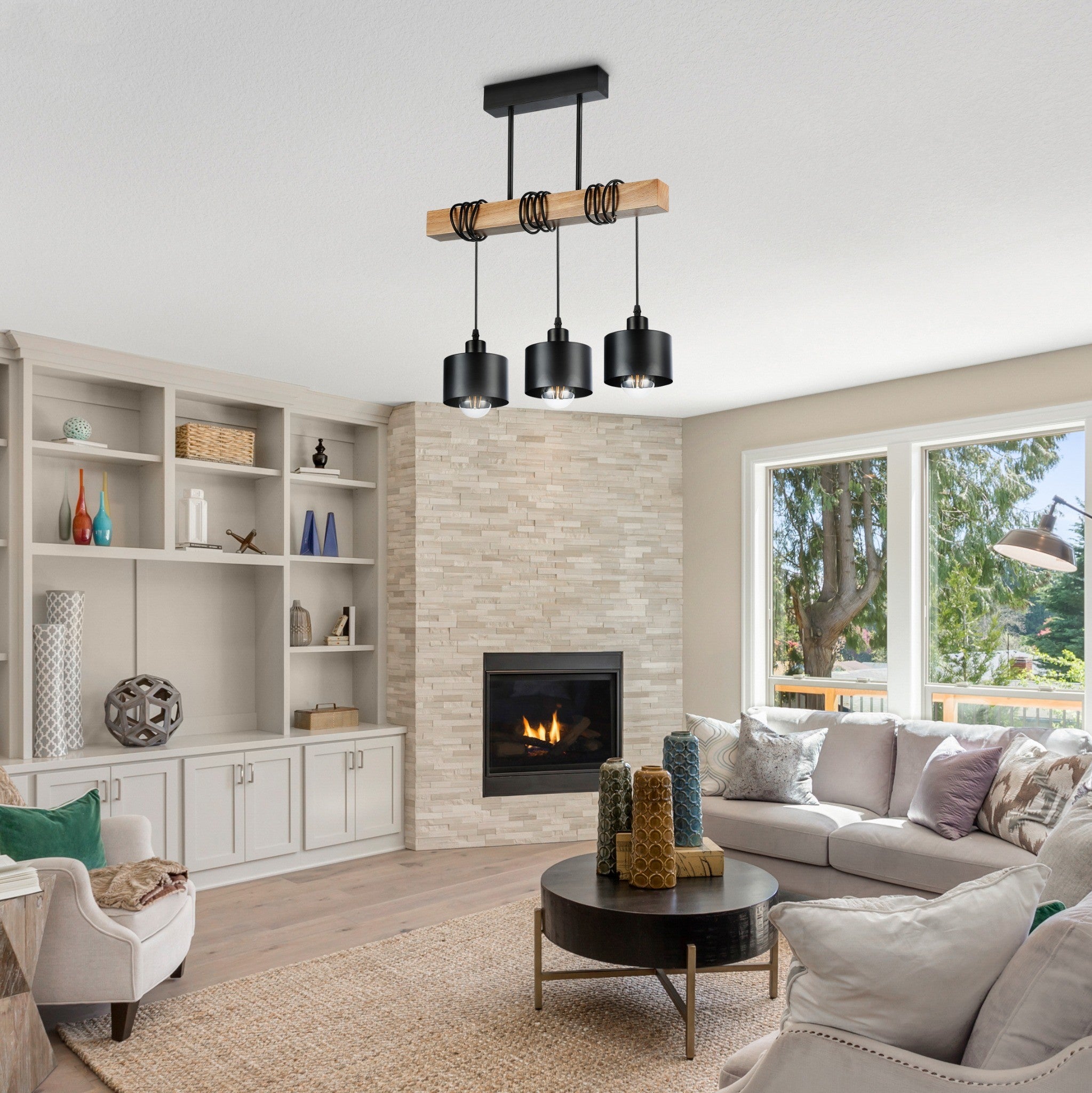 Lampa wisząca żyrandol Elza E27 3-punktowa 167 cm IP20 czarna drewno dąb MasterLED - 7