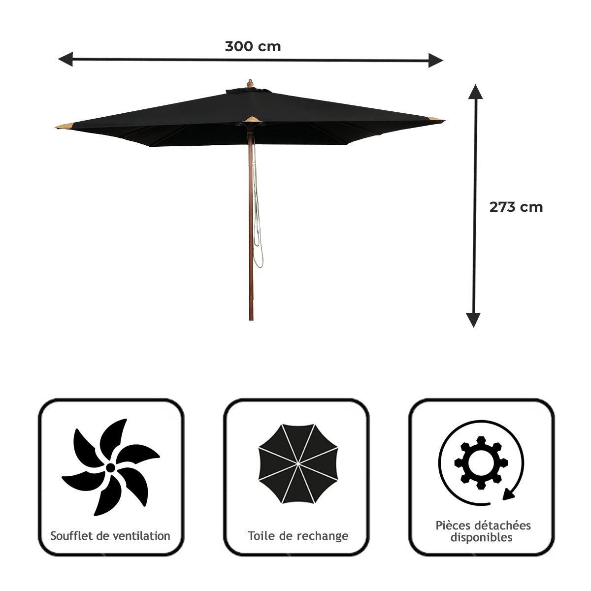 Parasol droit noir 3x3 m Pegasia - 8