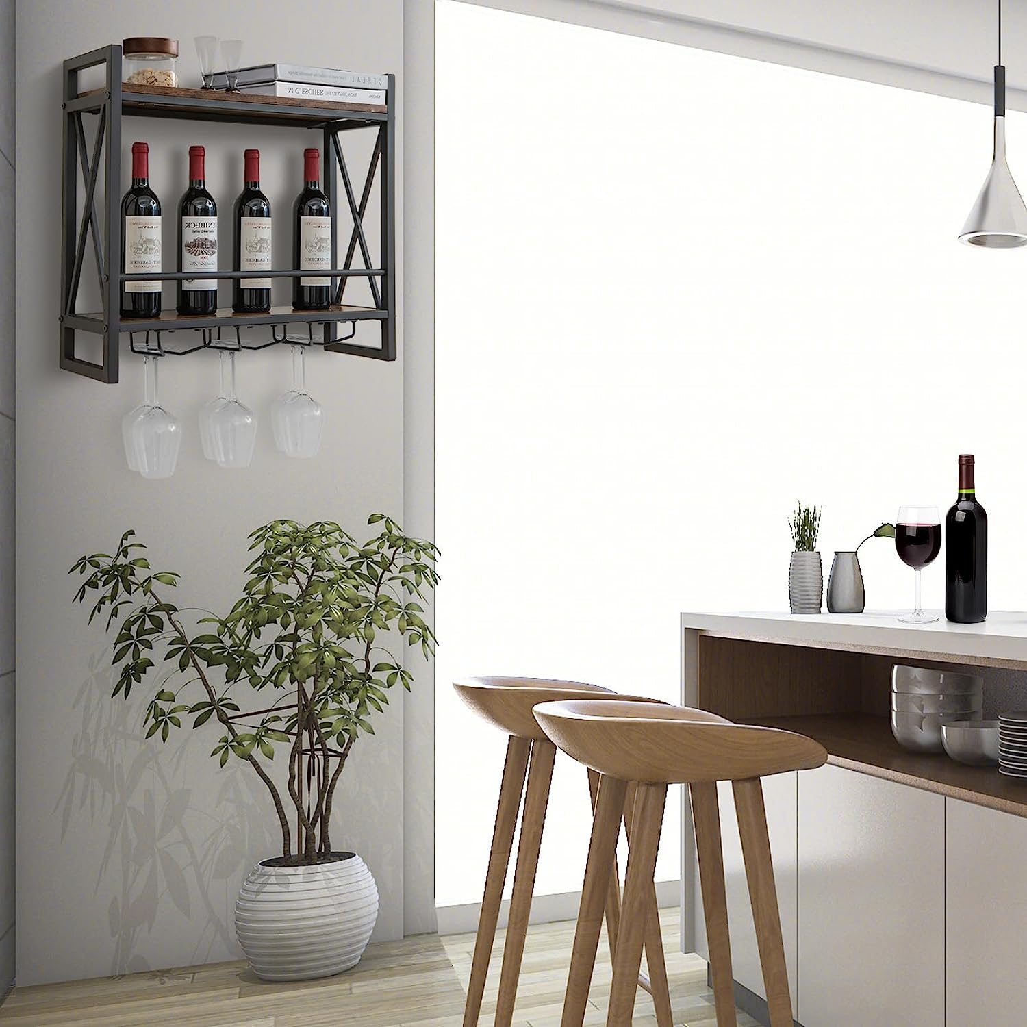 Portabottiglie da Vino Nero da Soffitto, Portabottiglie da Vino da Appendere al Soffitto, Bar da Casa in Ferro, Calici da Champagne, Bicchieri da Cucina, Scaffali Organizzatori Galleggianti