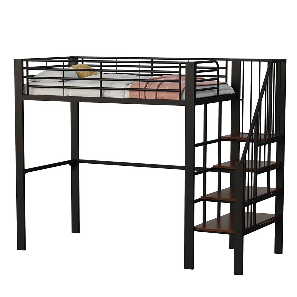 Lit mezzanine 90x200 avec structure métallique stable grand rangement sous lit et escalier pour enfants et adultes - 2