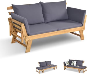 3 en 1 Canapé Lit de Jardin Extensible 2 Places Bois Acacia FSC Charge 320 KG-Accoudoirs Réglables/Coussins/Dossier Amovibles Gris