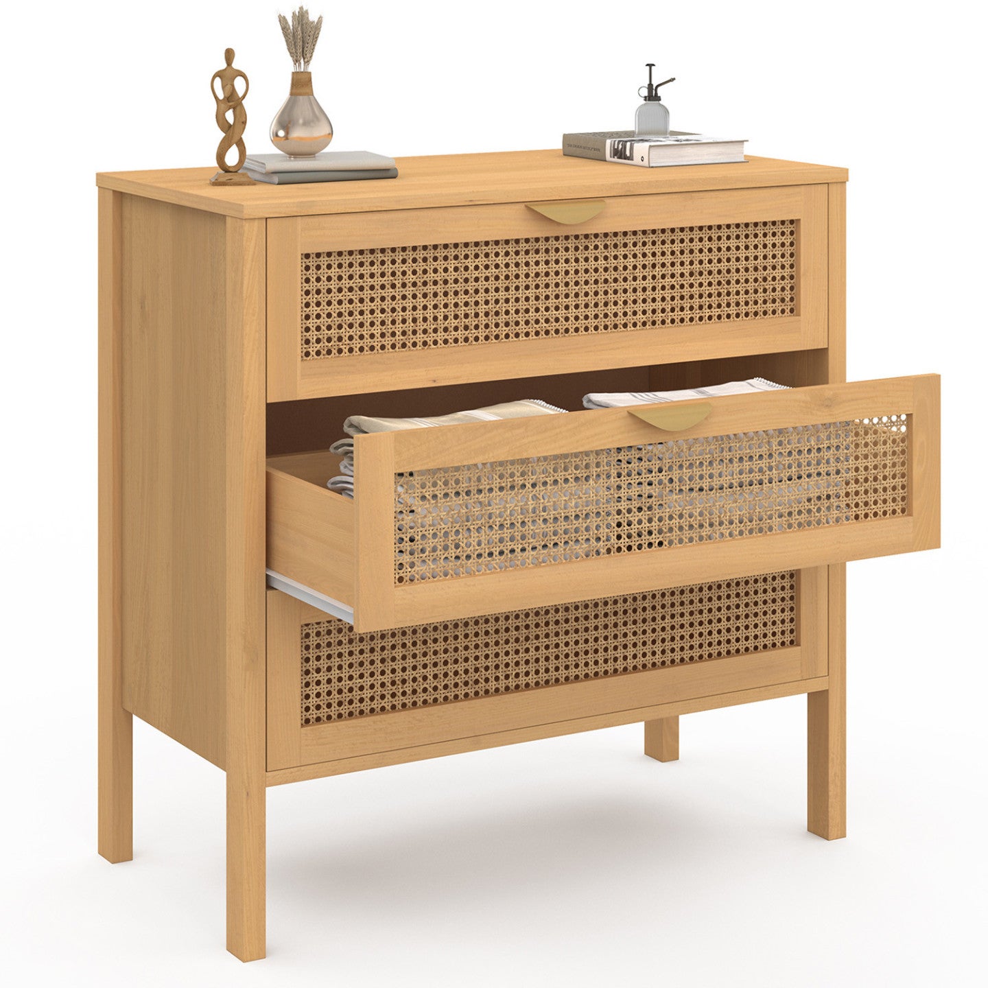 Commode 3 tiroirs EDHEN 80 cm cannage coloris bois - 4