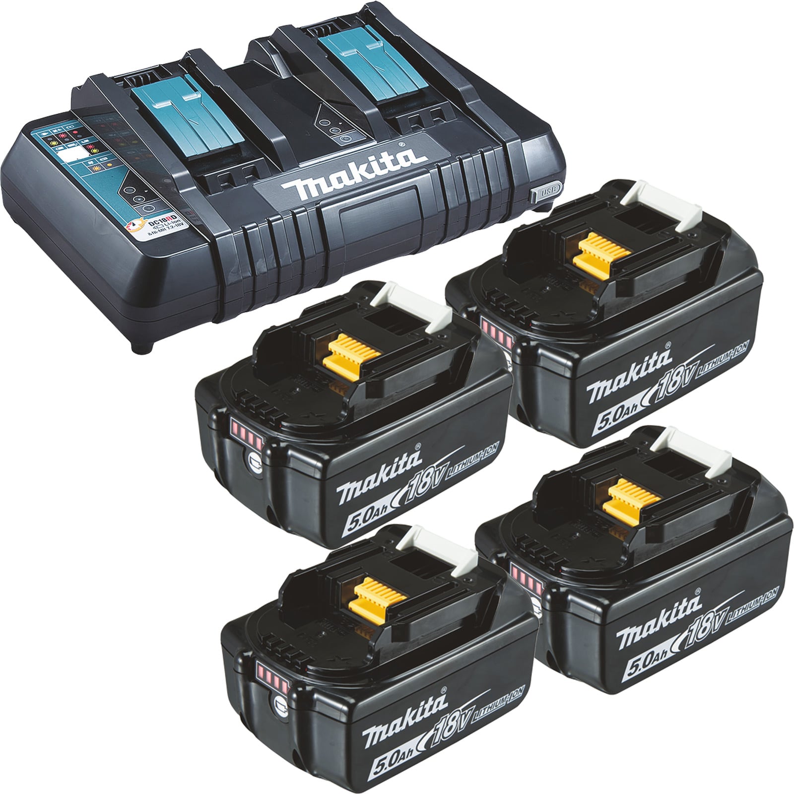 Akumulator Makita 4x BL1850B 5.0 Ah 18V Li-Ion + podwójna szybka ładowarka DC18RD - DC18RD-BL1850-4x