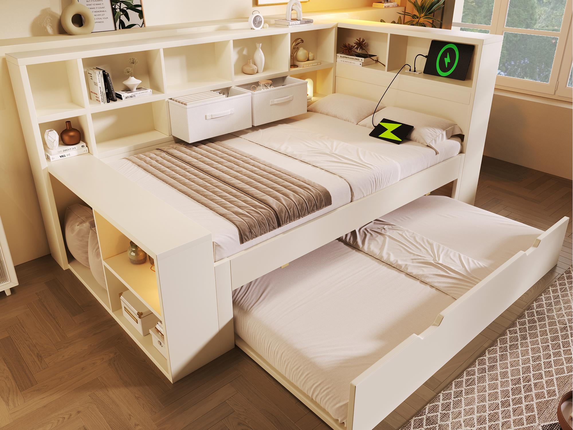 Sofa rozkładana 90x190cm - z wysuwanym łóżkiem - z USB/Typ-C - z miejscem do przechowywania - lite drewno + płyta wiórowa - biała