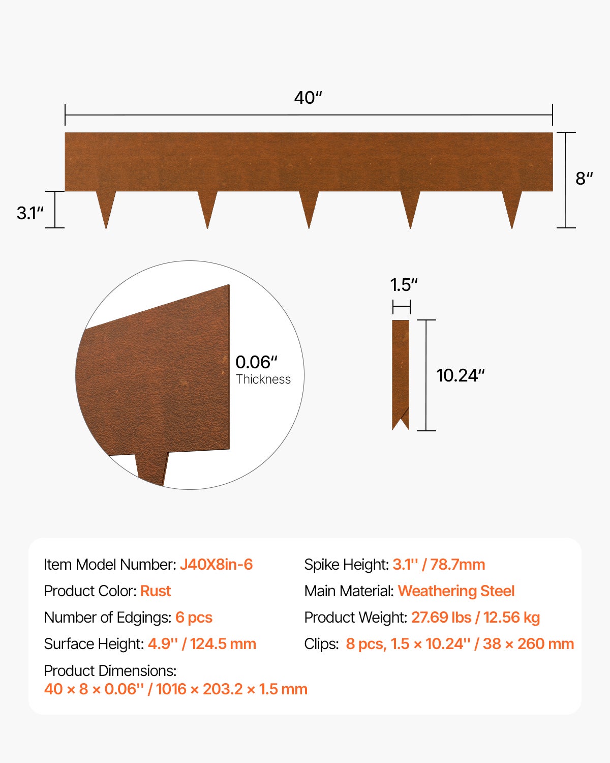 Lot 6 Bordures Paysage Acier 40x8 po,VEVOR Résistant aux Intempéries à la Rouille,Bordure Pliable Pointe Requin,Parterre Fleurs,Séparateur Chemin - 7