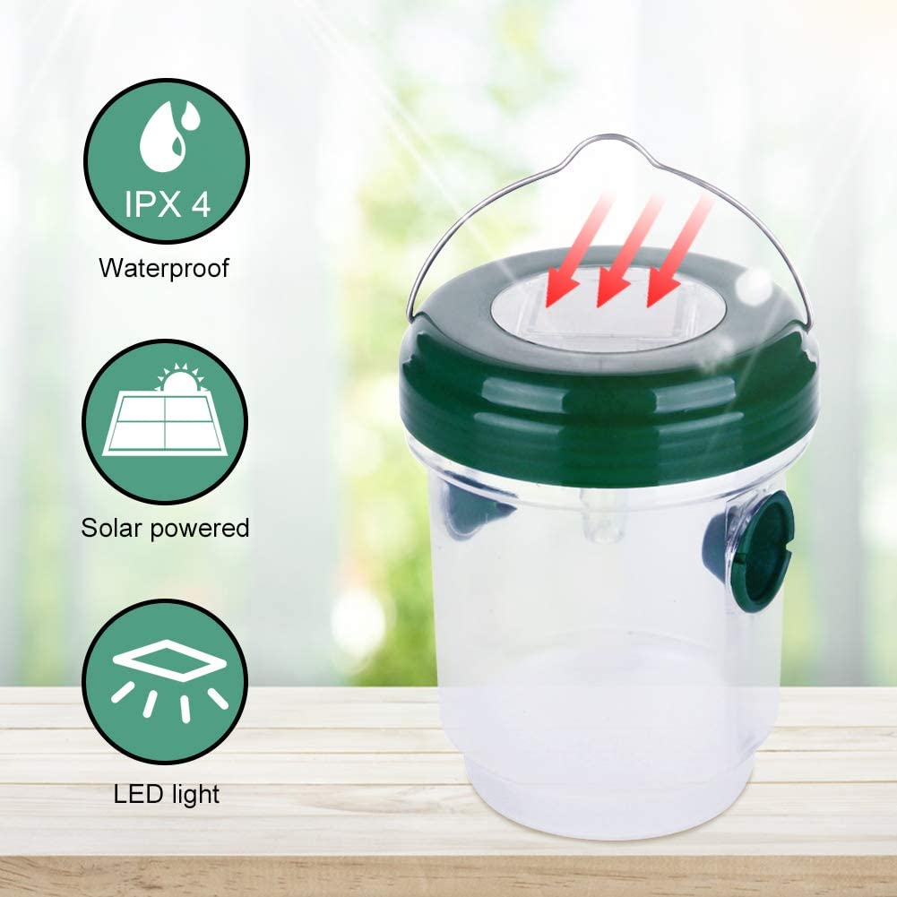 Conjunto de 2 armadilhas solares para vespas, mata-vespas reutilizáveis, alimentadas a energia solar, suspensas com luz LED UV, verde - 5