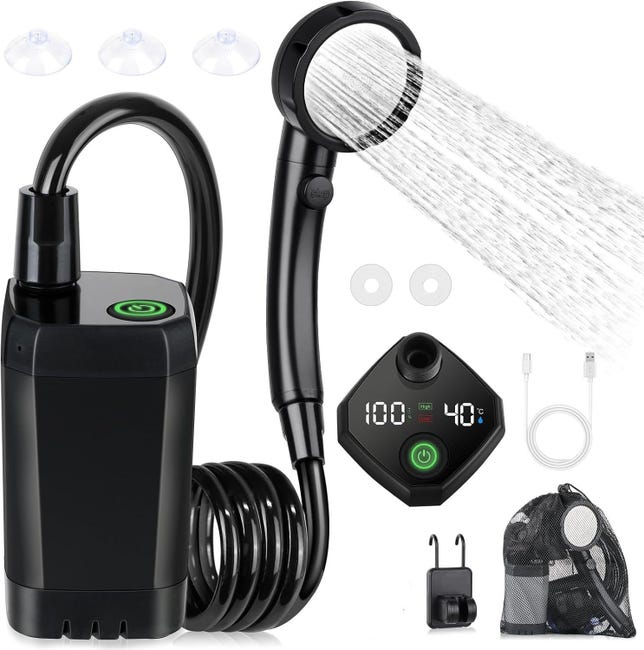 Kit de ducha para camping, ducha portátil, bomba de ducha eléctrica recargable, resistente al agua, con pantalla inteligente y cabezal de ducha de 4