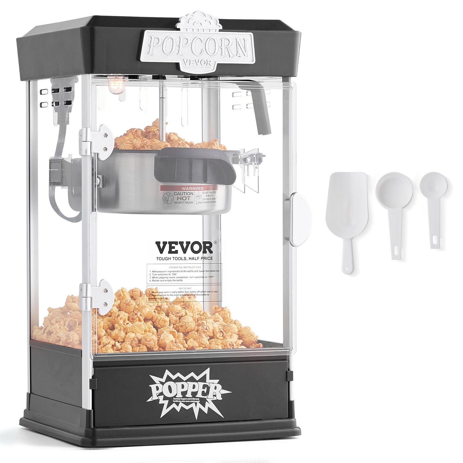 Maszyna do Popcornu VEVOR 480 W, Garnek 113 g / 5,7 L, Szkło Hartowane, 3 Łyżki, Styl Kino, Czarna