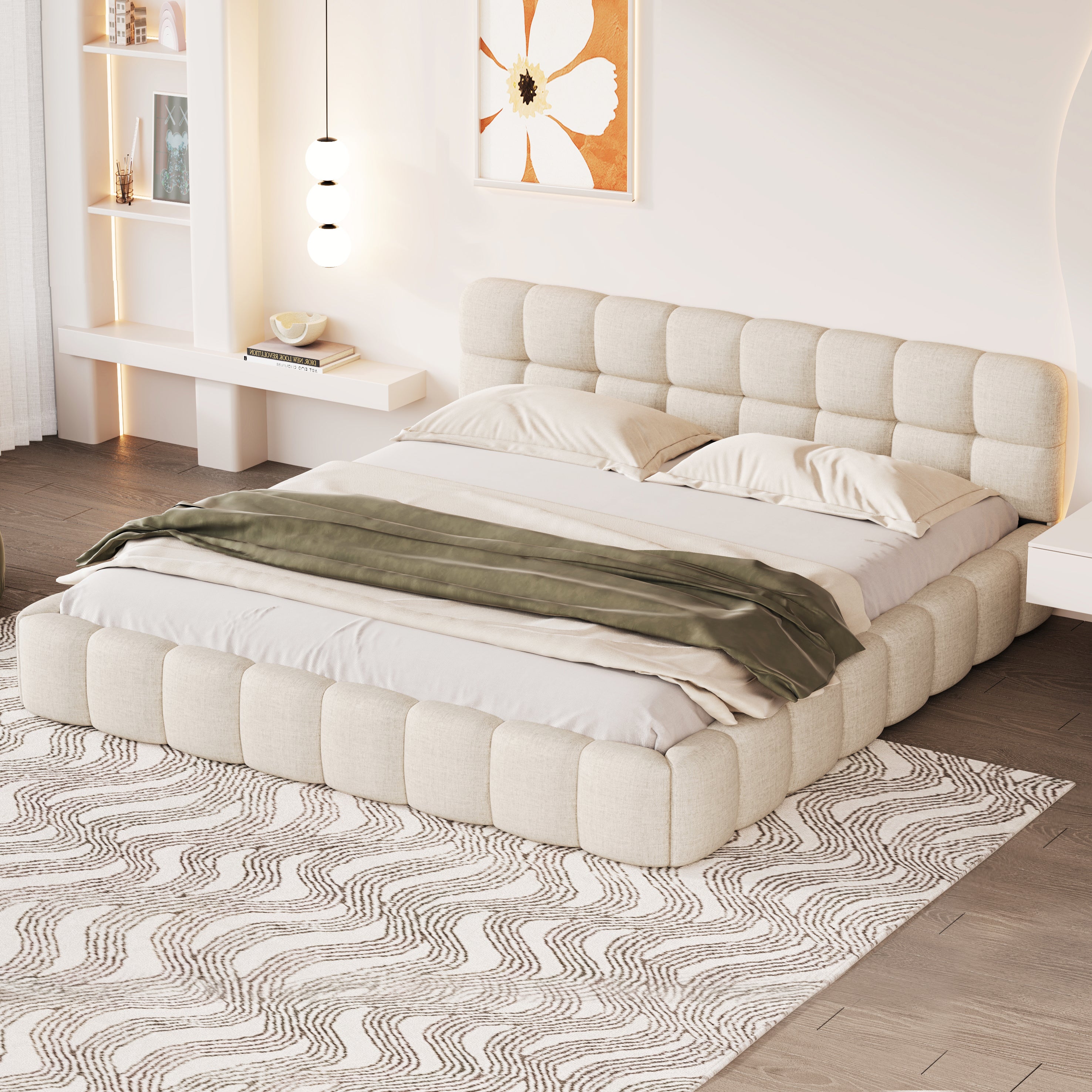 Lit adulte 140x190cm, 140x190cm Lit Bubble, dossier moelleux, Lit plat avec sommier à lattes, (en lin, beige) - 7
