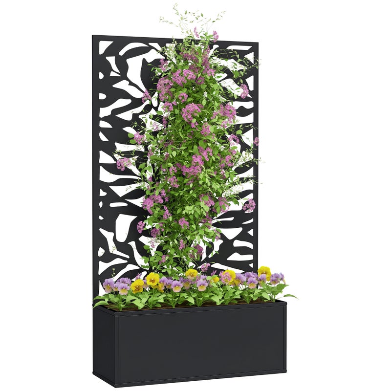 Duża, prostokątna metalowa donica z kratką zapewniająca prywatność, 61 x 23 x 113 cm, czarna