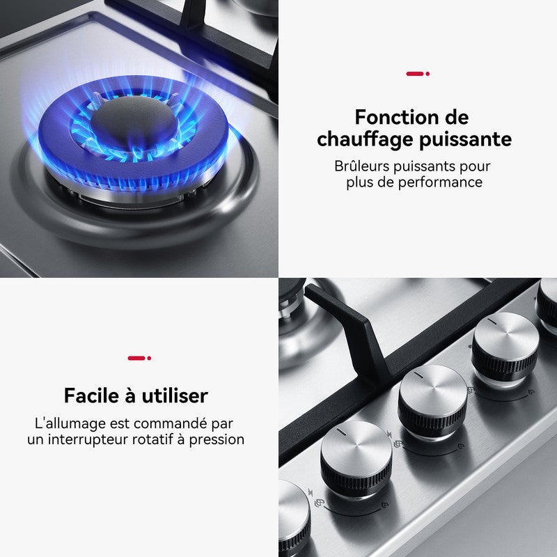GASLAND Plaque de Cuisson à gaz GH2905SS1FC encastrable 5 Feux, Plaque gaz Inox 90 cm Brûleur Wok - 5
