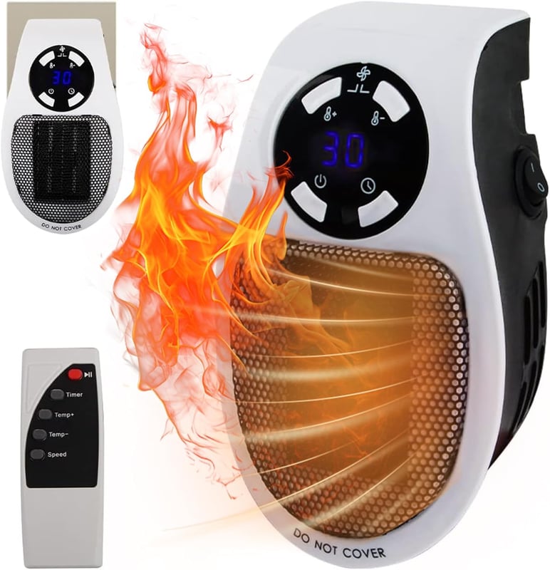 Mini grzejnik elektryczny, grzejnik ścienny z pilotem, grzejnik elektryczny 500 W, dwie prędkości, termostat i timer, biały
