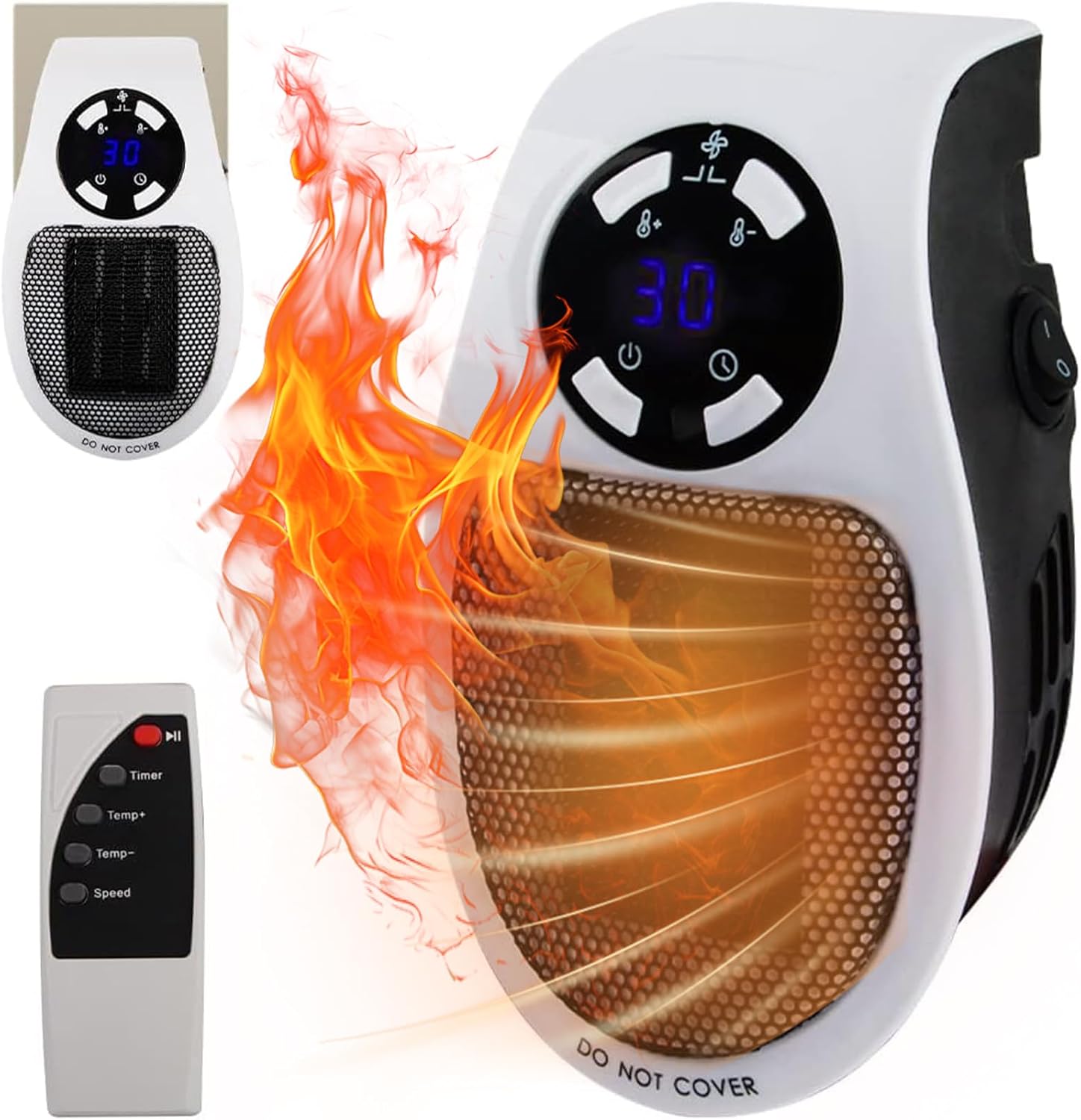 Mini grzejnik elektryczny, ścienny z pilotem, grzejnik elektryczny 500W, dwie prędkości, termostat i timer, biały