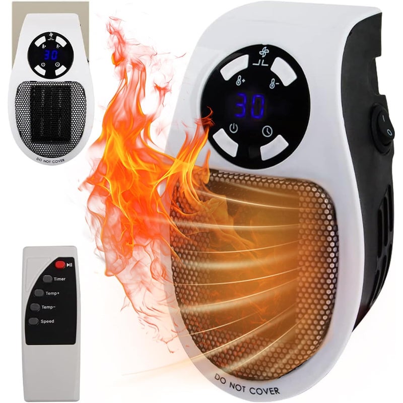 Mini grzejnik elektryczny, ścienny z pilotem, grzejnik elektryczny 500W, dwie prędkości, termostat i timer, biały