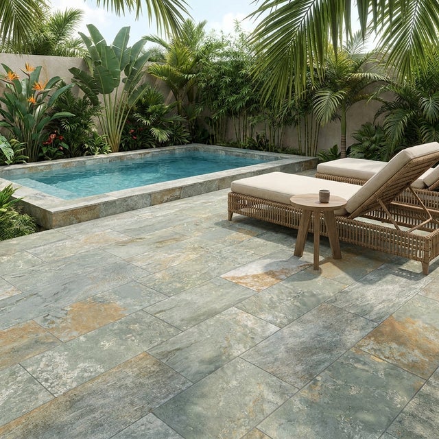 Carrelage sol extérieur / piscine effet Pierre de Bali Lovina vert R11 30*60cm - Réflex Boutique