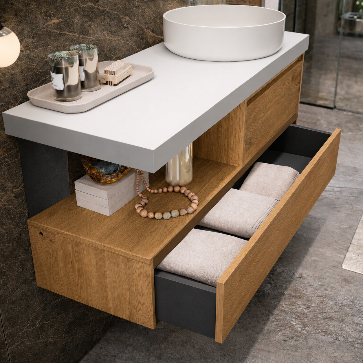 MUEBLE DE BAÑO SENSI-SUEVE 100 SUSPENDIDO 2C COLOR ROBLE CON ENCIMERA Y LAVABO CIRCO - 3