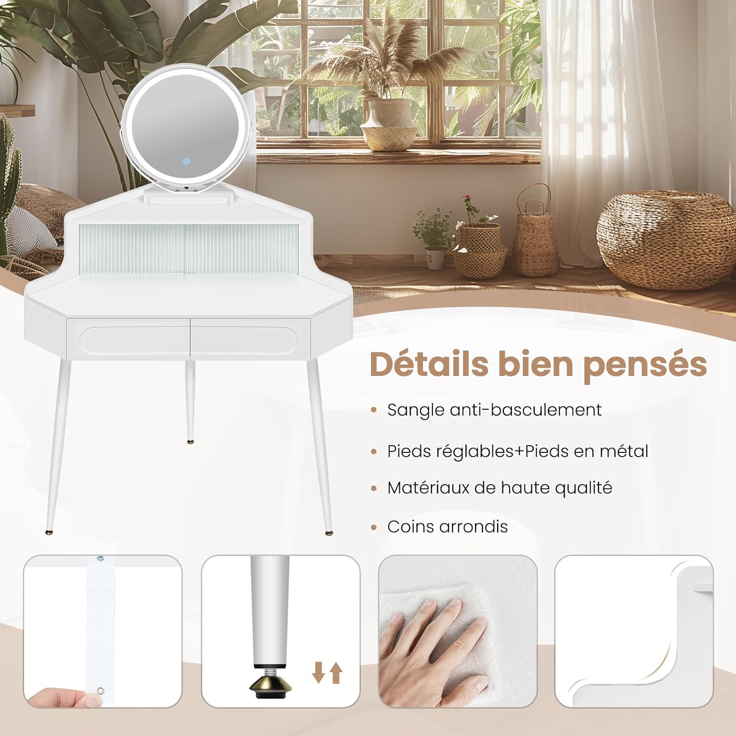 Coiffeuse avec miroir en MDF Blanc H. 139 x l. 99 x P. 63 cm - 5