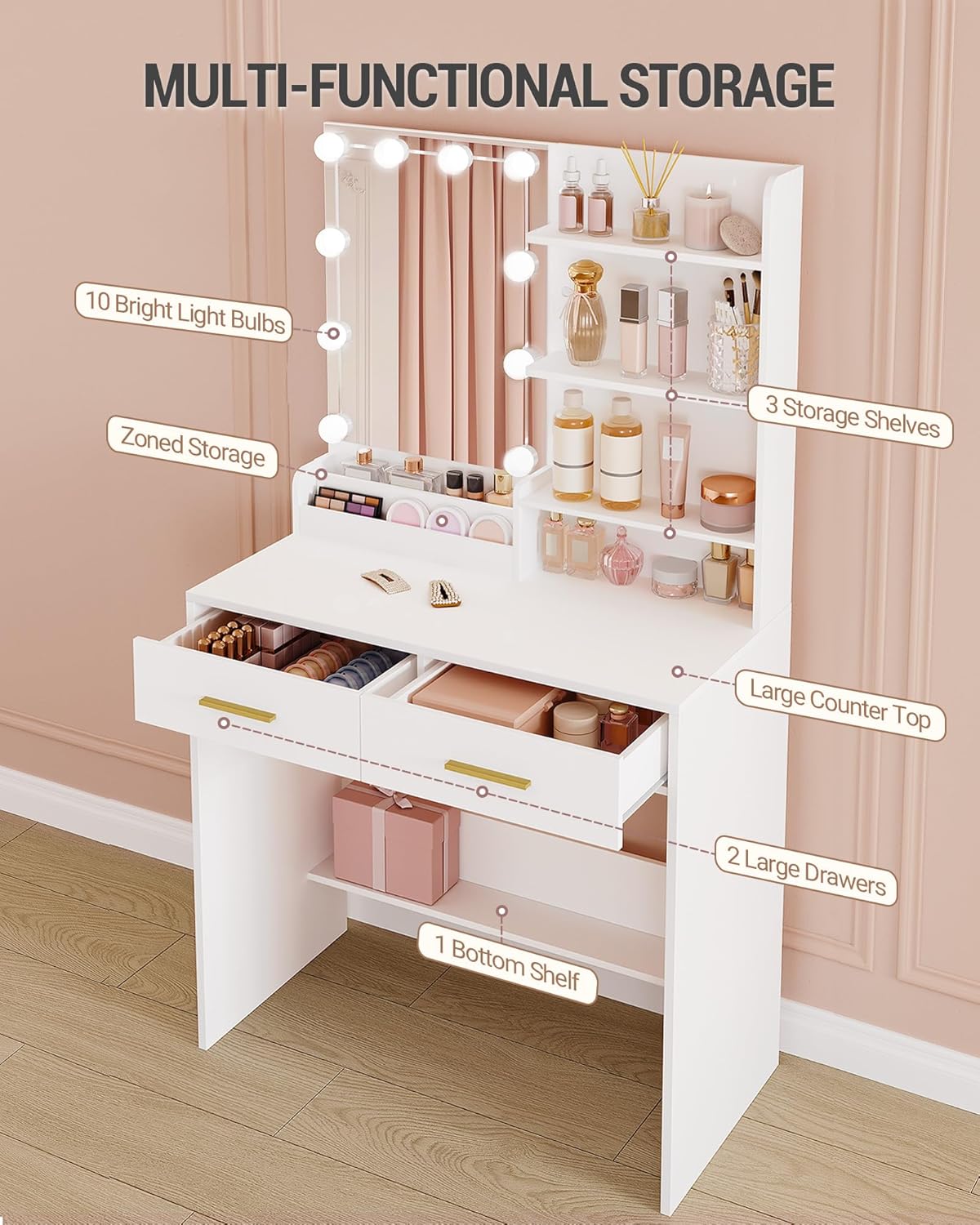 Coiffeuse avec 10 LED,Vanité de Maquillage avec 4 Étagères de Rangement Ouvertes et 2 Compartiments, Coiffeuse avec 2 Tiroirs, pour Chambre, Blanc - 3