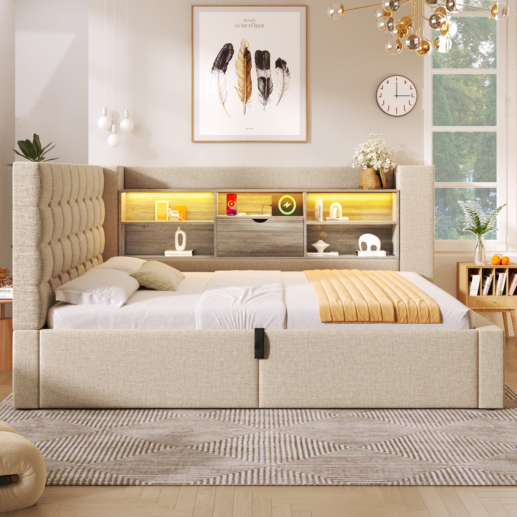 Sofa rozkładana 140x200 cm z pojemnikiem na pościel - z diodami LED i portem ładowania - z podstawą z listew - tkanina lniana - beżowa - 3