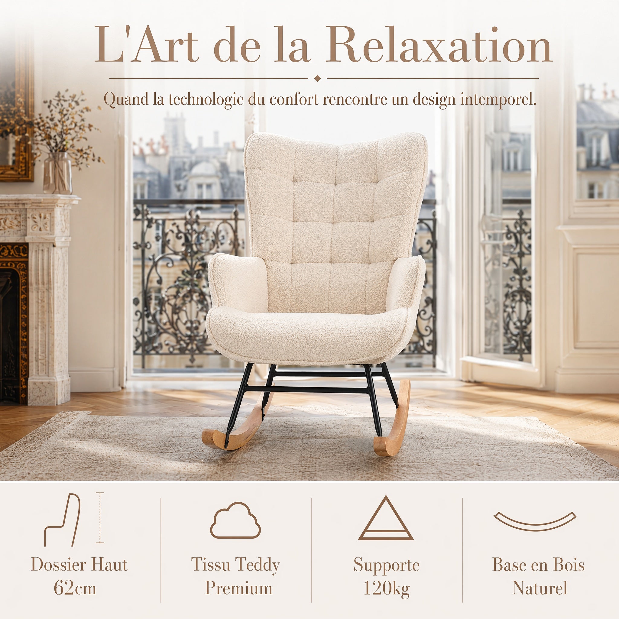 Fauteuil à Bascule Rocking Chair 68x75x92cm – Fauteuil Allaitant Rembourré avec Dossier Haut Capitomné et Accoudoirs – Peluche - Beige&nbsp; - 4